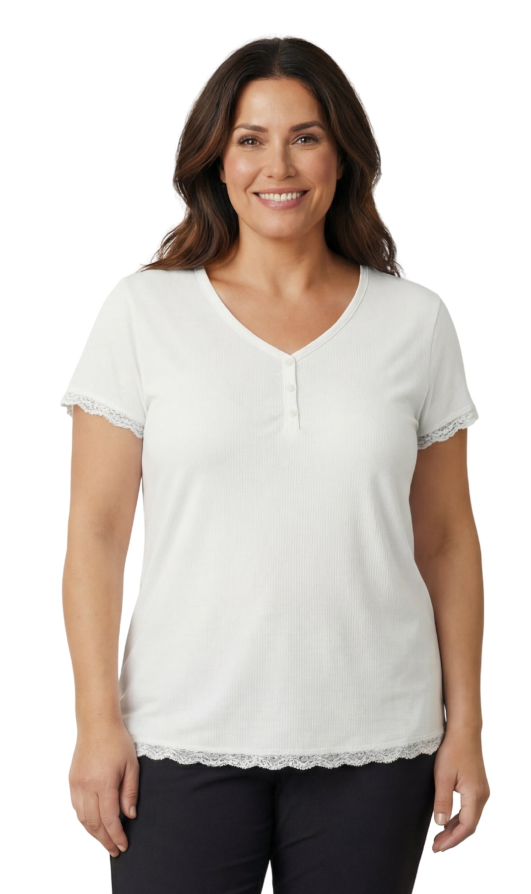 Women's V-neck Short Sleeve Tshirt with A Three Button Placket