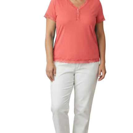 Women's V-neck Short Sleeve Tshirt with A Three Button Placket