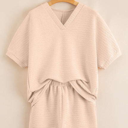 Luxury Textured V Neck T Shirt and Shorts Set