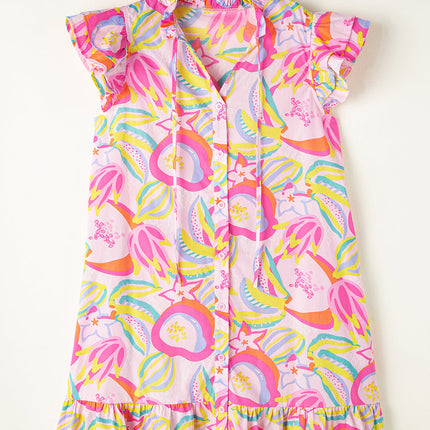 Luxury Abstract Floral Ruffle Trim Flutter Sleeve Buttoned Dress