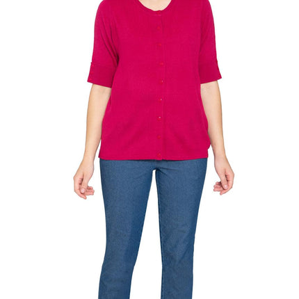 Women's Button Front Cardigan with a Unique Elbow Cuff Style