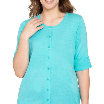 Women's Button Front Cardigan with a Unique Elbow Cuff Style