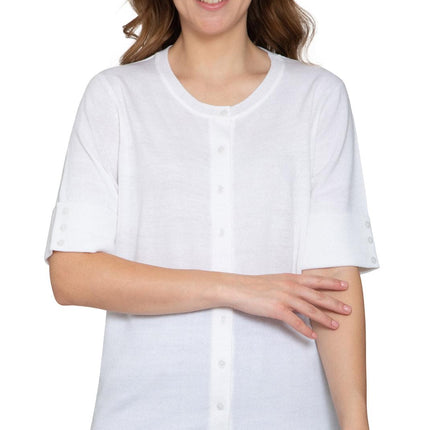 Women's Button Front Cardigan with a Unique Elbow Cuff Style