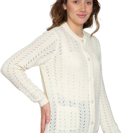 Women's Button Front Crochet Pointelle Cardigan with Pockets