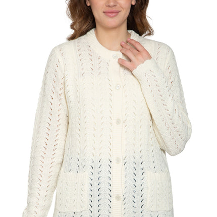 Women's Button Front Crochet Pointelle Cardigan with Pockets