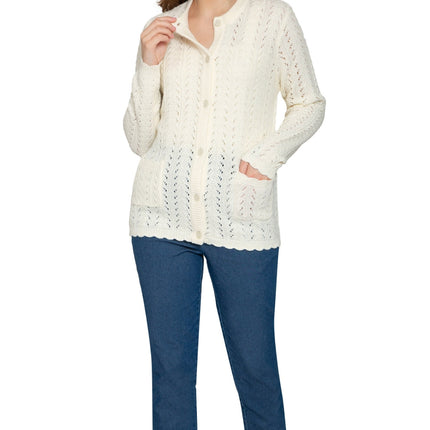 Women's Button Front Crochet Pointelle Cardigan with Pockets