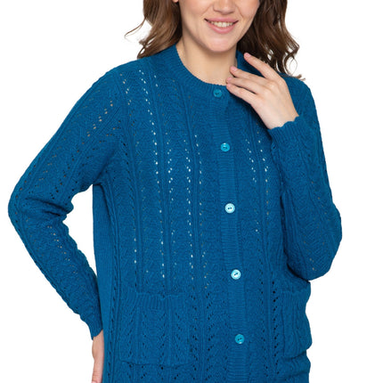 Women's Button Front Crochet Pointelle Cardigan with Pockets