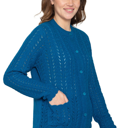 Women's Button Front Crochet Pointelle Cardigan with Pockets