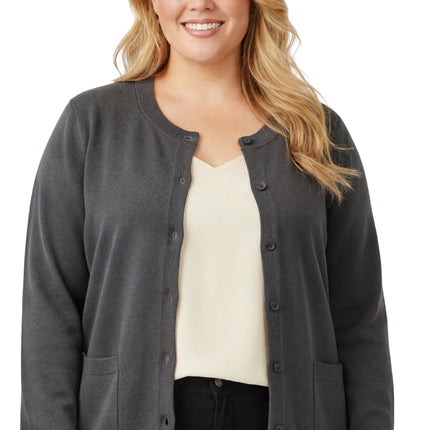 Women's Soft Cotton Button-Up Cardigan Crewneck Sweater Long Sleeves with Front Pockets