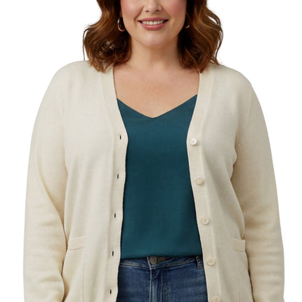 Women's Soft Cotton Button-Up Cardigan Crewneck Sweater Long Sleeves with Front Pockets