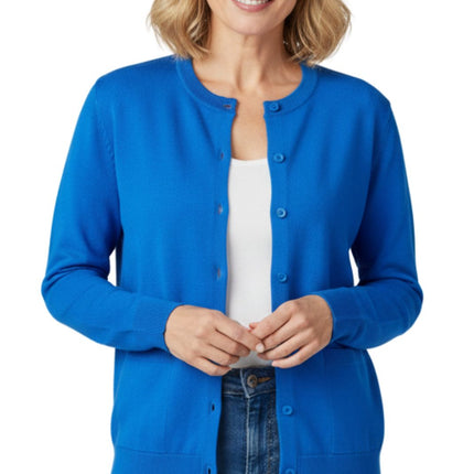 Women's Soft Cotton Button-Up Cardigan Crewneck Sweater Long Sleeves with Front Pockets