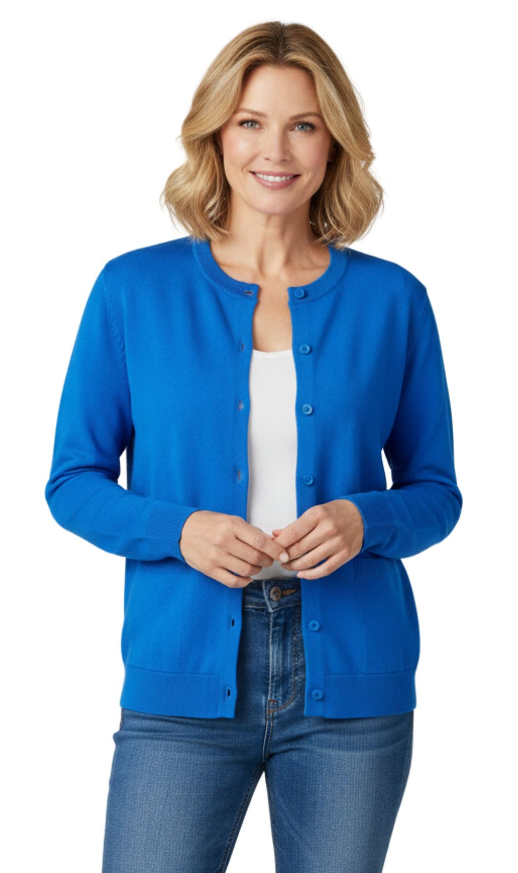 Women's Soft Cotton Button-Up Cardigan Crewneck Sweater Long Sleeves with Front Pockets