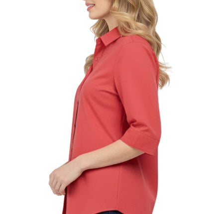 Womens Regular Fit 3/4 Sleeve Button Down Collared Camp Shirt