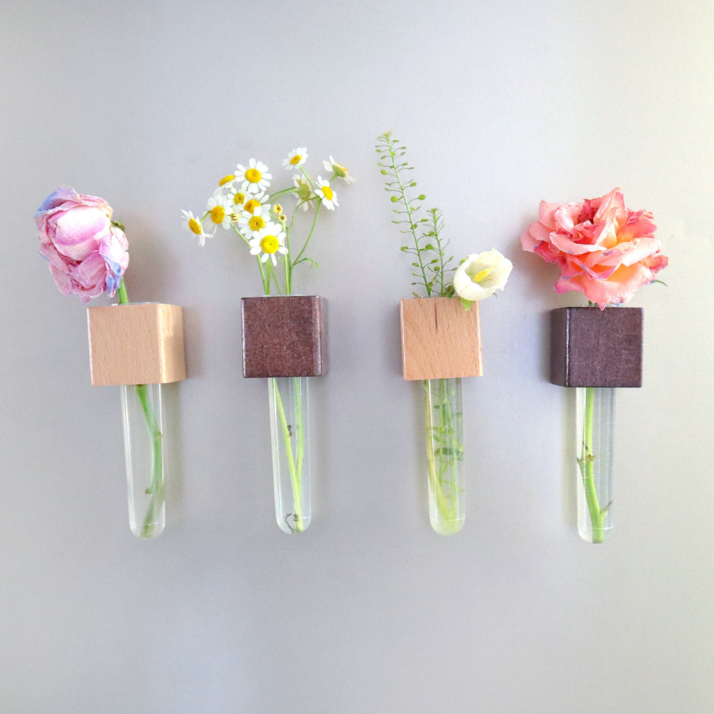 Mini Vase Magnets – Set of 2 – Beech & Walnut Wood – Decorative Fridge Magnets for Small Flowers or Greenery