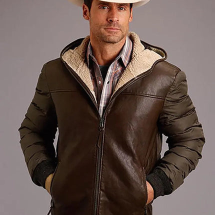 Stetson Novelty Solid Hooded Jacket (Brown) - Men's Leather Jacket