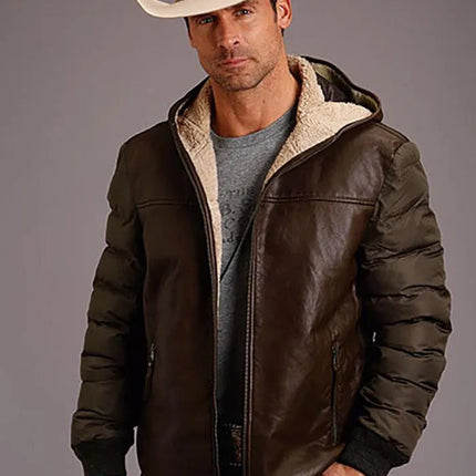 Stetson Novelty Solid Hooded Jacket (Brown) - Men's Leather Jacket