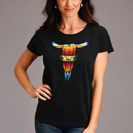 Stetson Serape Longhorn Skull (Grey) - Women's Short Sleeve T-Shirt