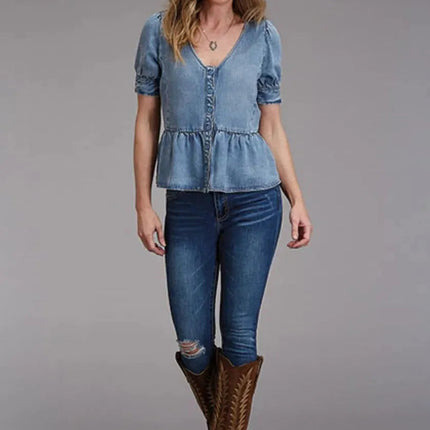 Stetson Lyocel Peasant Blouse (Blue) - Women's Short Sleeve Shirt