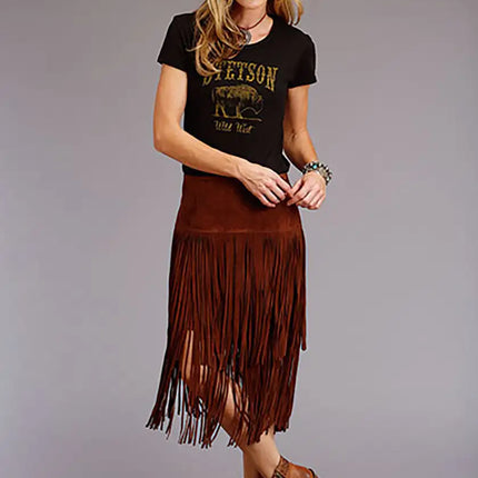 Stetson Suede Long Fringe Skirt (Brown) - Women's Skirt