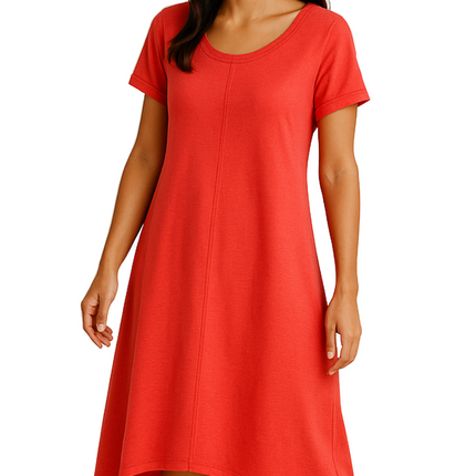 Women's Knit Wide Scoop Neck Short Sleeve Dress in A-line Aymmetrical Hem