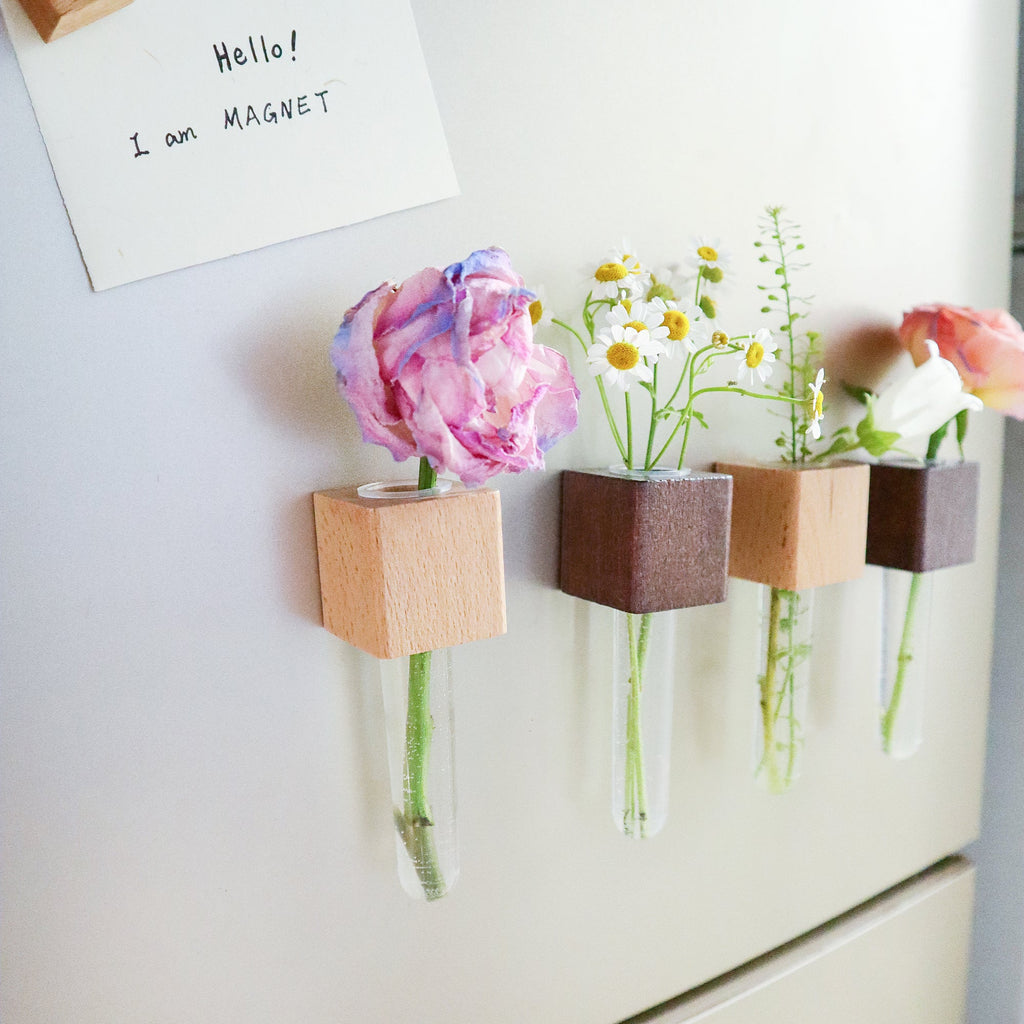 Mini Vase Magnets – Set of 2 – Beech & Walnut Wood – Decorative Fridge Magnets for Small Flowers or Greenery