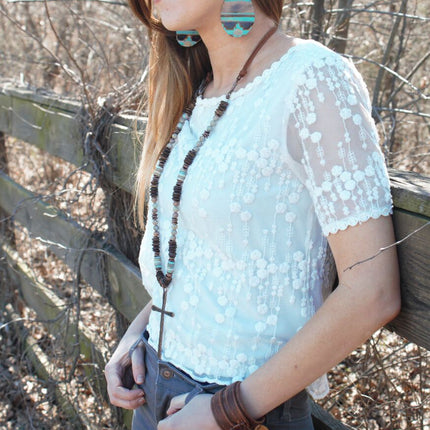 Aqua Terra Wood Necklace with Copper Cross 237d