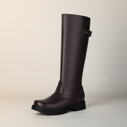 Women’s Retro British-Style Riding Boots – Leather Belt Buckle Knee Boots