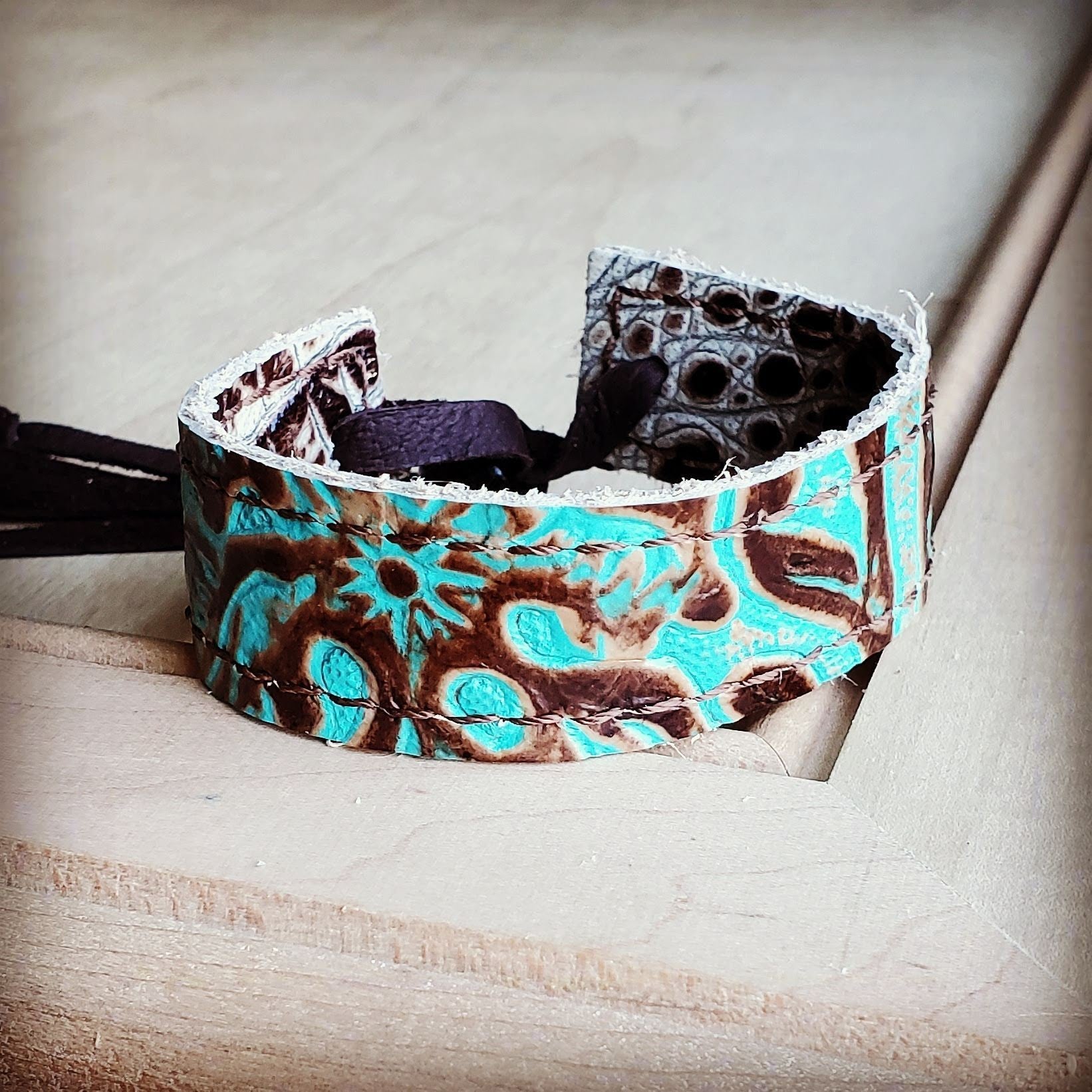 **Narrow Leather Cuff in Cowboy Turquoise w/ adjustable leather 001f