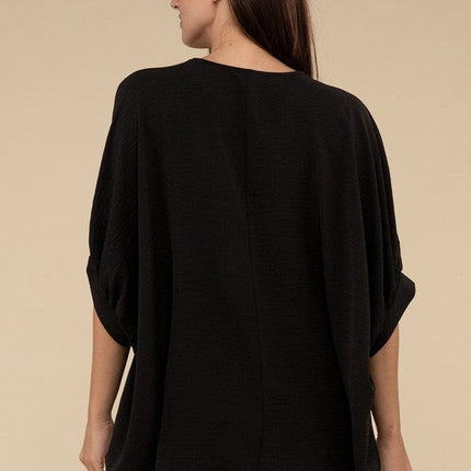 Woven Airflow V-Neck Puff Half Sleeve Top