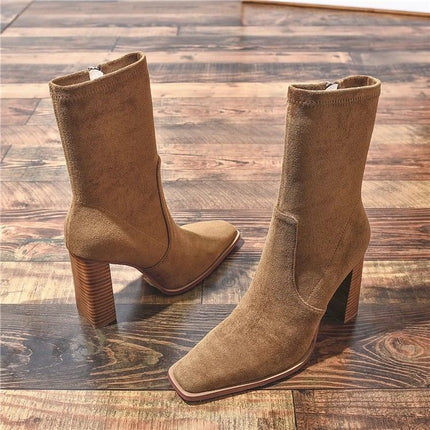 Square Toe Fleece-Lined French Boots – Chunky Heel Winter Style