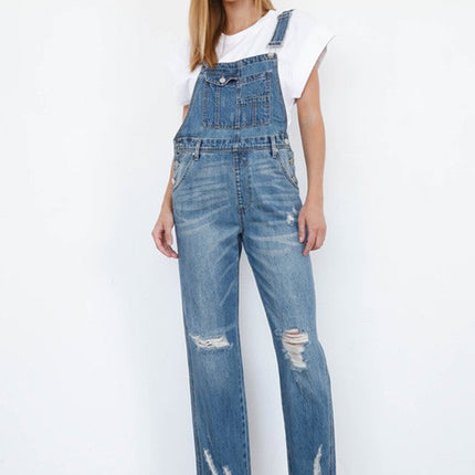 High Waist Ripped Straight Denim Overall Jumpsuit