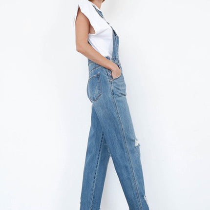 High Waist Ripped Straight Denim Overall Jumpsuit