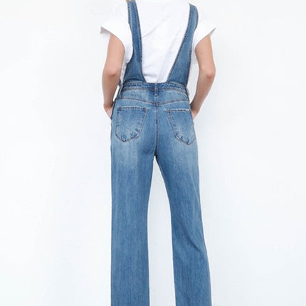 High Waist Ripped Straight Denim Overall Jumpsuit