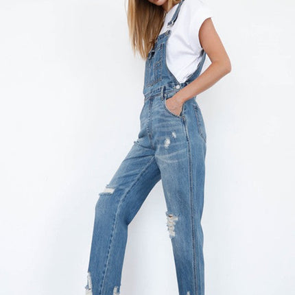 High Waist Ripped Straight Denim Overall Jumpsuit
