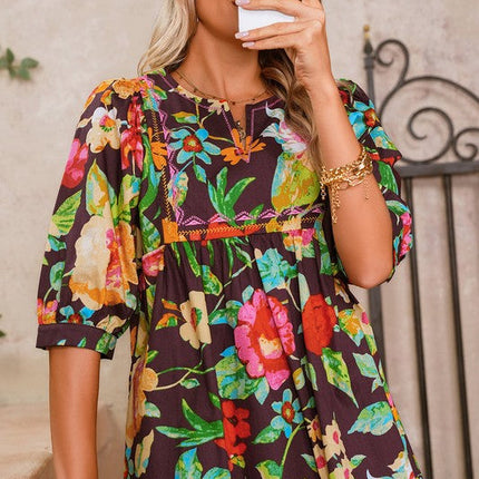 Gray Flower Embroidered Trim Half Sleeve Blouse