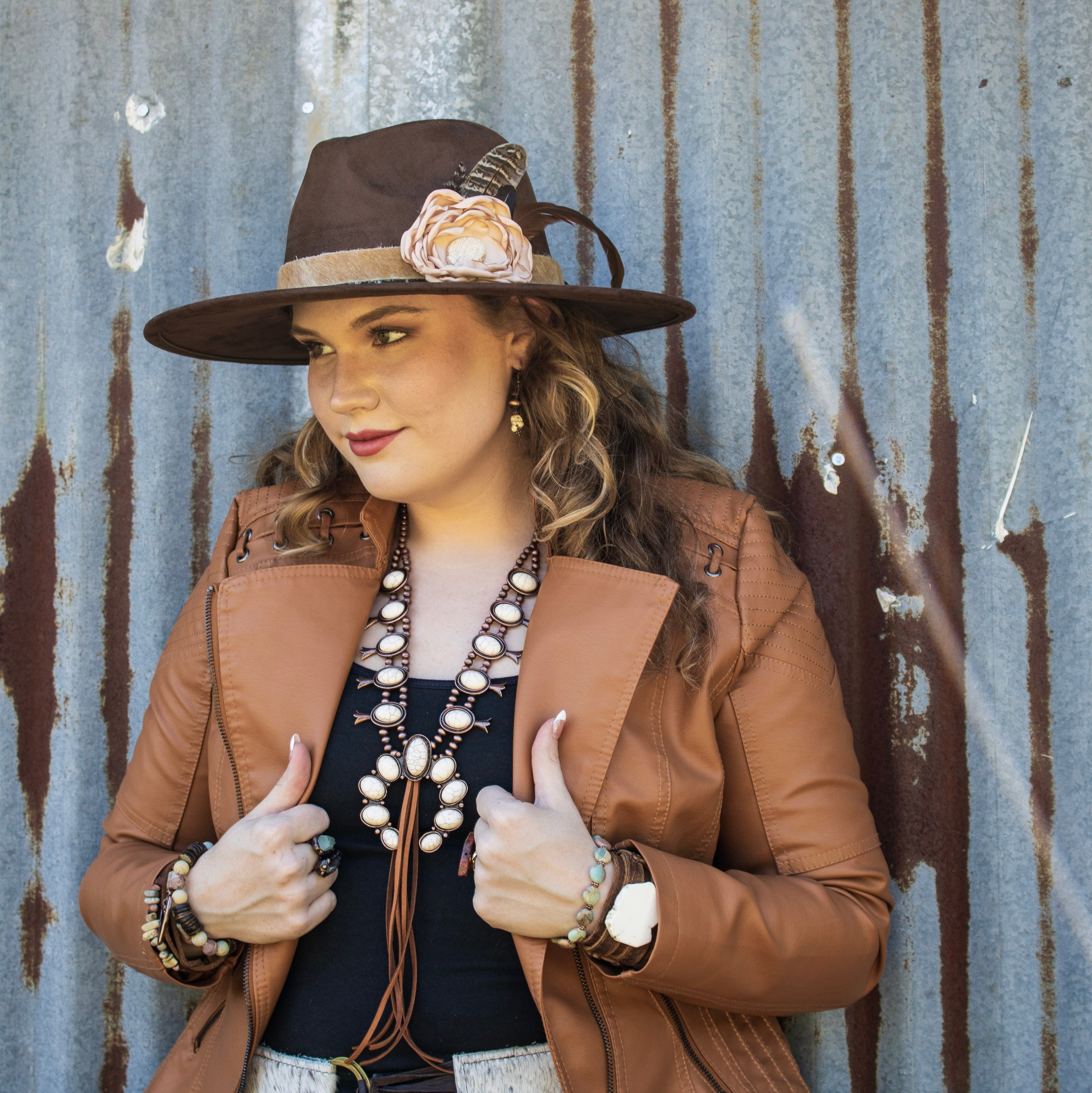 White Turquoise Squash Blossom Necklace w/ Tan Tassel 262a