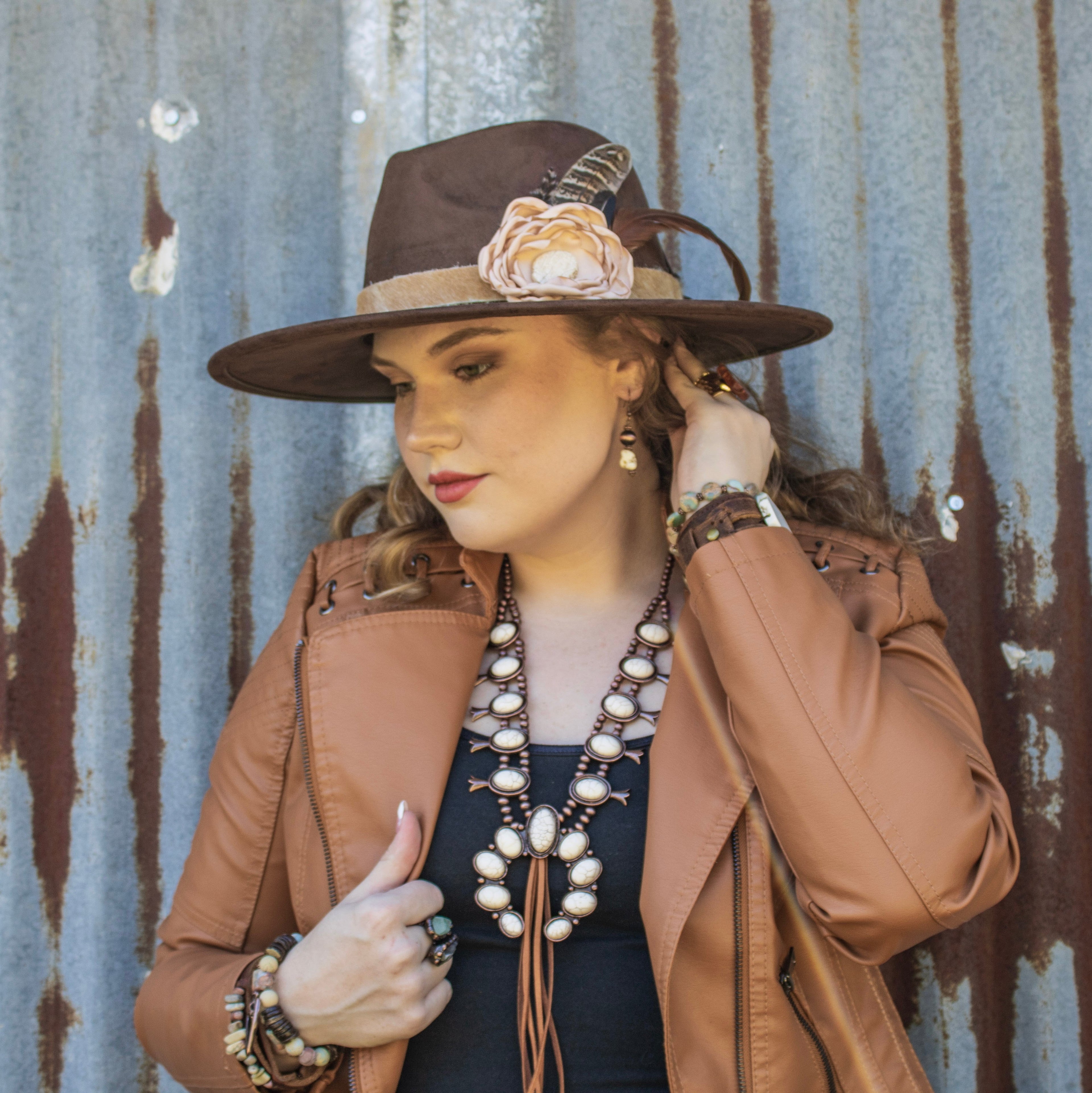 White Turquoise Squash Blossom Necklace w/ Tan Tassel 262a