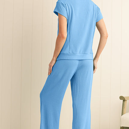 Luxury Solid Corded Short Sleeve T Shirt And Wide Leg Pants Set