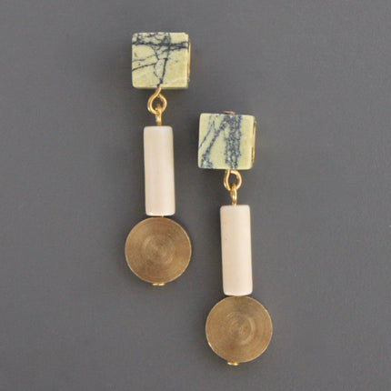 Geometric Stone and Brass Post Earrings