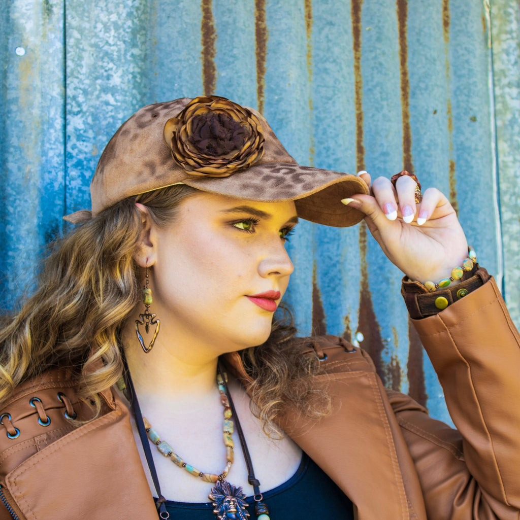 Hand-Painted Leopard Suede Baseball Cap w/ Flowers Tan 986L