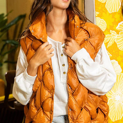 Camel Button-Up Puffer Vest