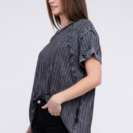 Ribbed Raglan Dolman Sleeve Boat-Neck Top