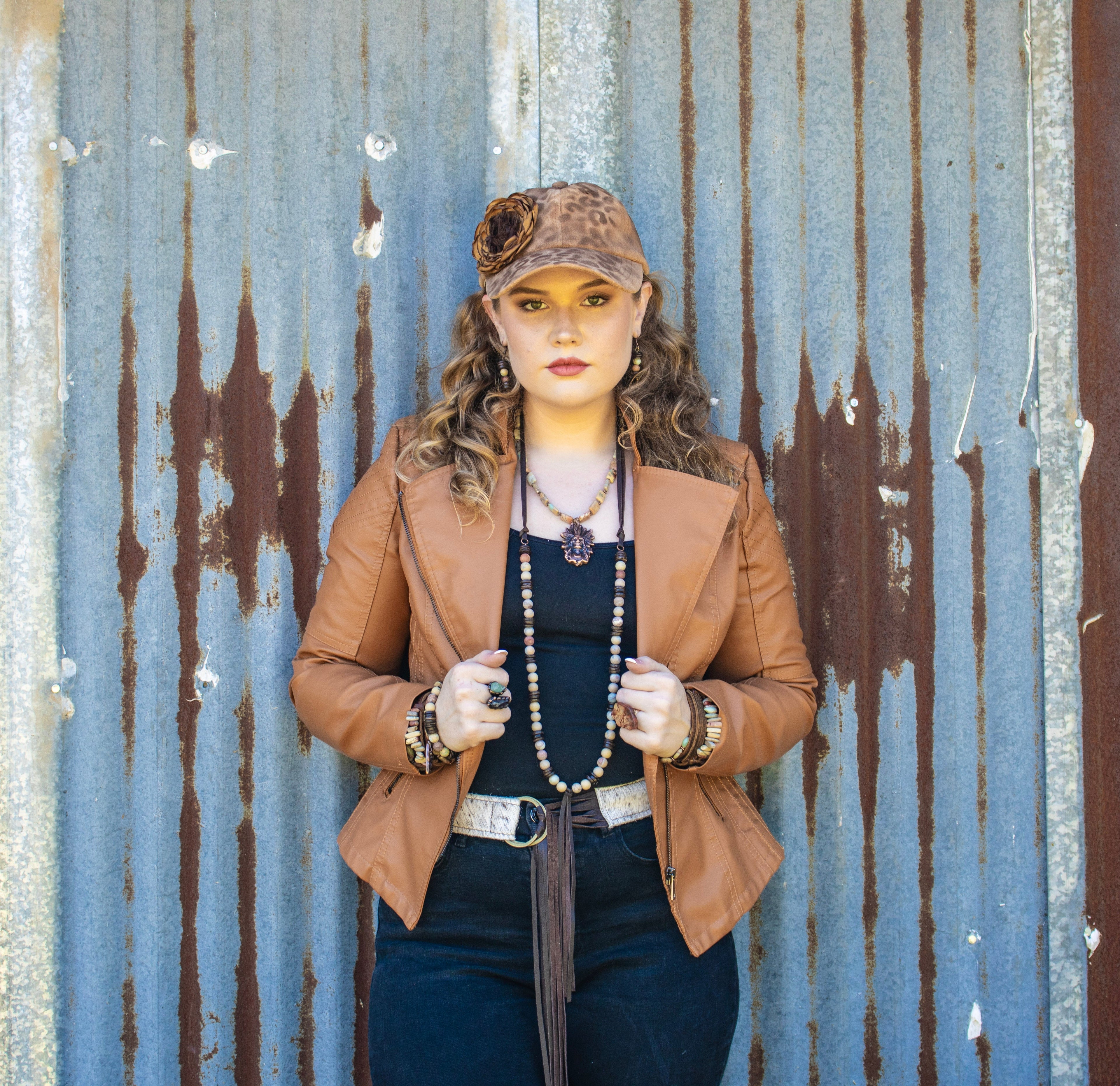 Hand-Painted Leopard Suede Baseball Cap w/ Flowers Tan 986L