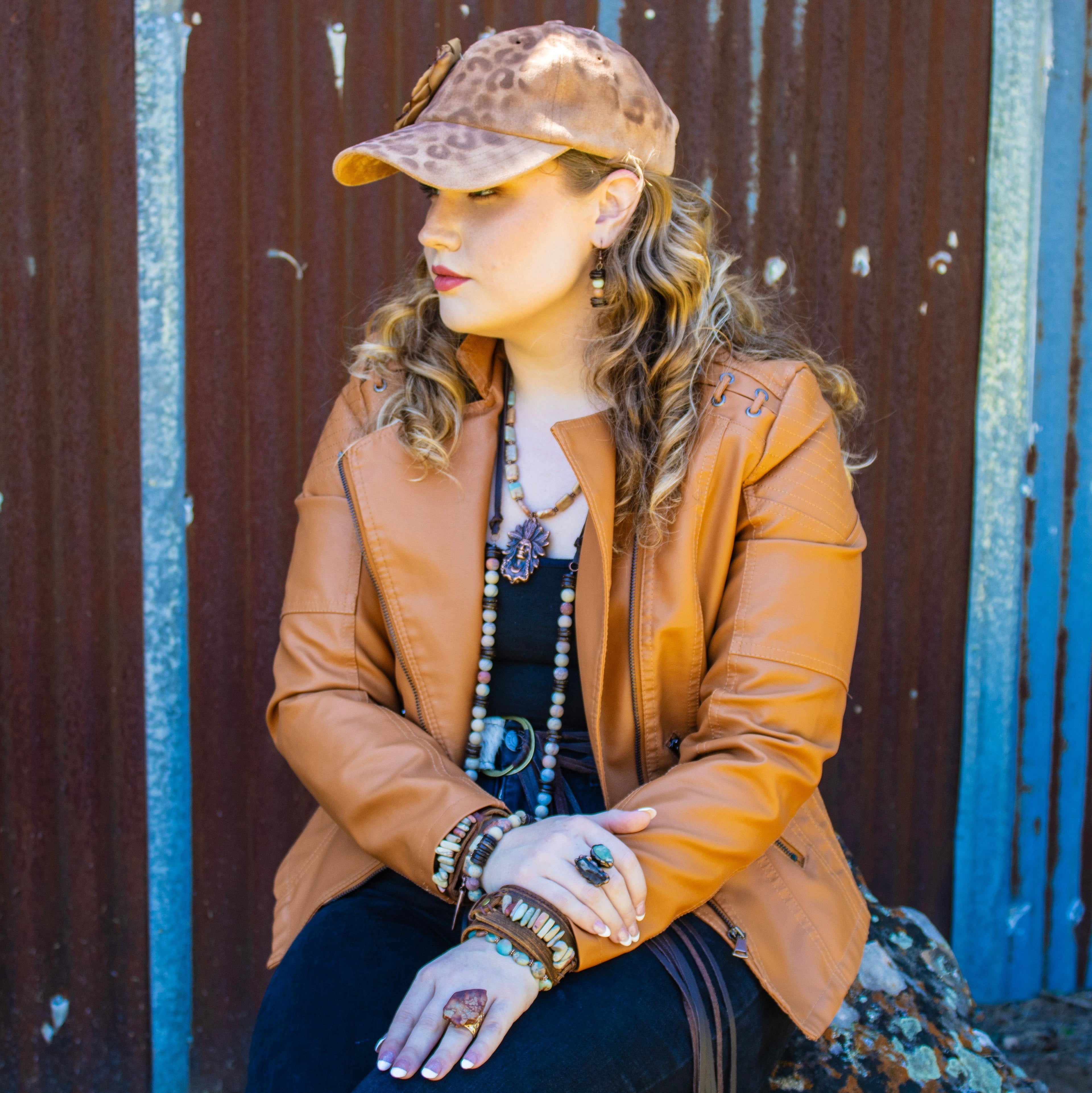 Hand-Painted Leopard Suede Baseball Cap w/ Flowers Tan 986L