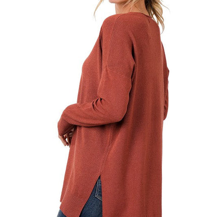 Hi-Low Hem V-Neck Center Seam Sweater