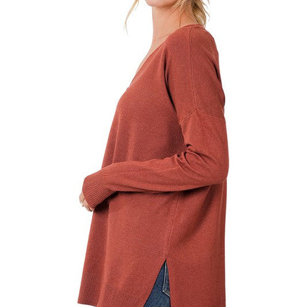 Hi-Low Hem V-Neck Center Seam Sweater