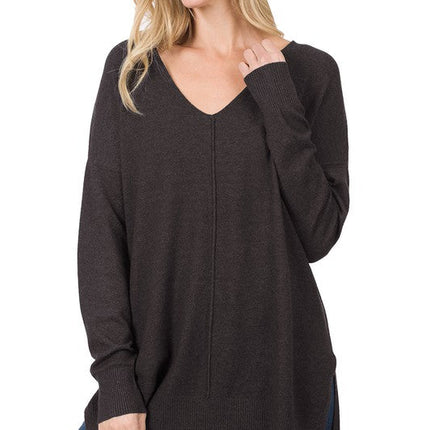 Hi-Low Hem V-Neck Center Seam Sweater