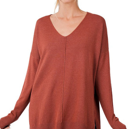 Hi-Low Hem V-Neck Center Seam Sweater