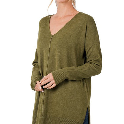 Hi-Low Hem V-Neck Center Seam Sweater