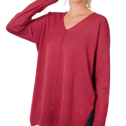 Hi-Low Hem V-Neck Center Seam Sweater